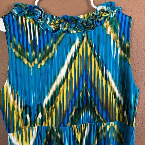 Cato Woman Blue Yellow Chevron Ikat Ruffle V-Neck Maxi Dress Plus Size 18/20W - Picture 4 of 8